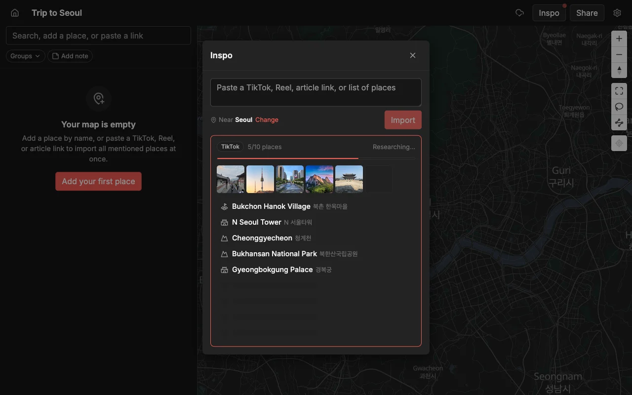 Places importing spots from a TikTok, several found at once