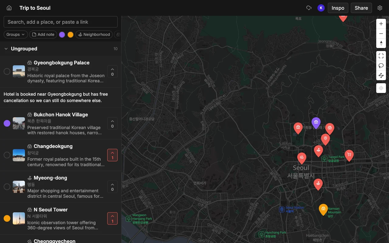 A Places trip map: spots with photos, notes, colours and vote counts beside the pinned map