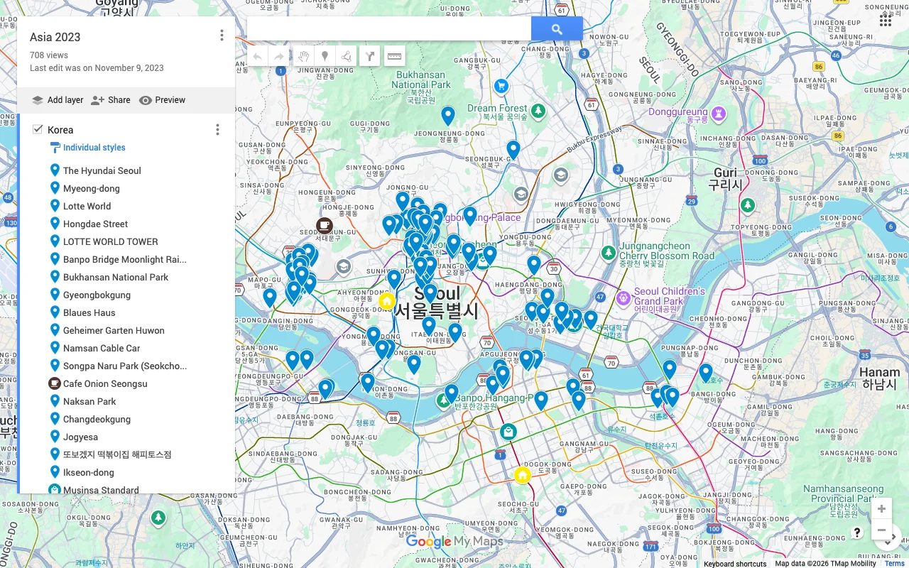 Google My Maps on a desktop: a layer's place list beside a large map of pins