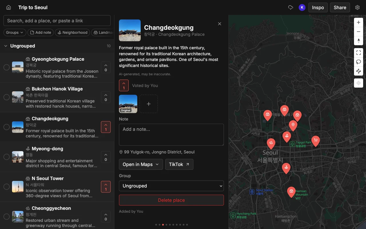 A place's details in Places: photo, description, and a note