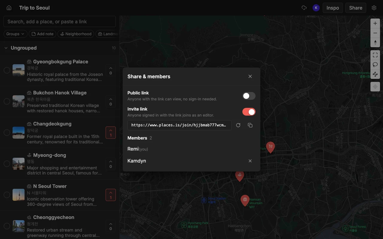 A shared, editable map with members in Places