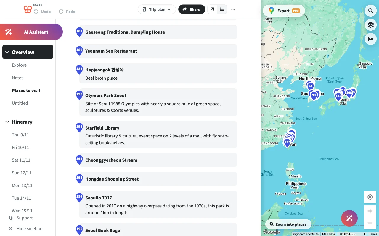 Wanderlog's day-by-day list filling most of the screen with the map at half width
